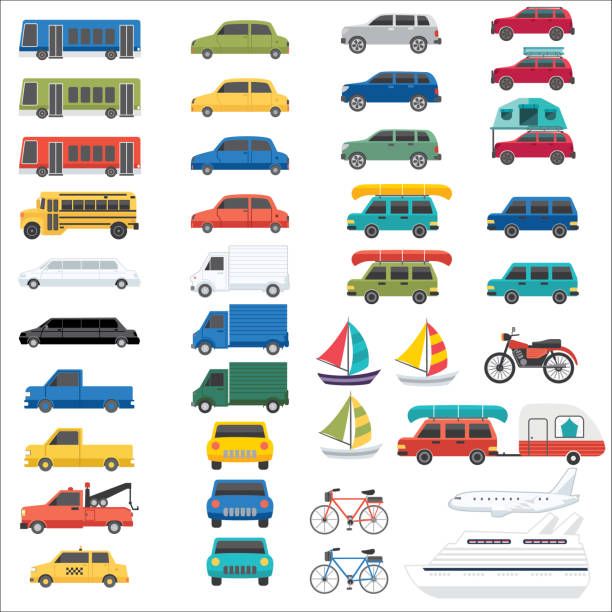 Set of transportation vehicles. Includes cars, buses, trains, trucks, tow trucks, bikes, boats, ships and airplanes.