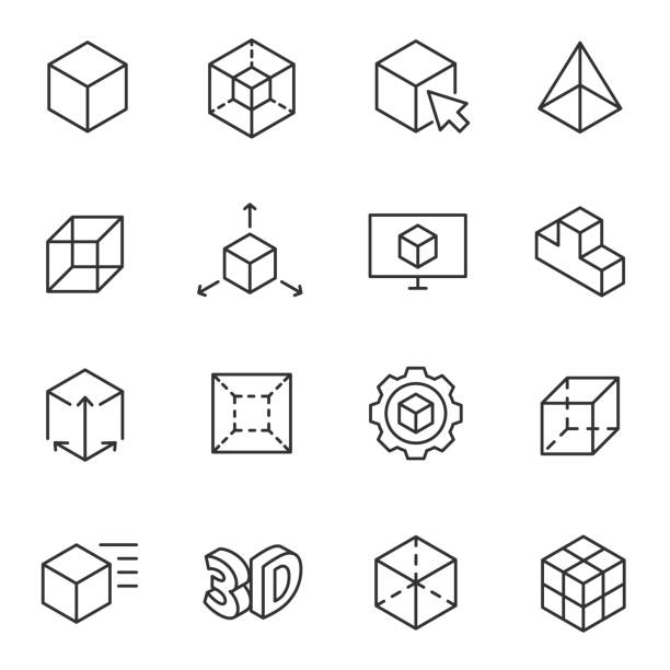 illustrazioni stock, clip art, cartoni animati e icone di tendenza di set di icone modellazione 3d, modello tridimensionale linea con tratto modificabile - cubo