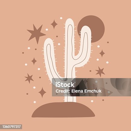 istock Modern abstract illustration with mexican cactus, sun, magic symbols on light brown background. 1360797317