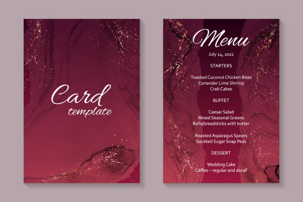 Modern abstract luxury wedding invitation design or card templates for birthday greeting or certificate or cover. Set of two cards with red watercolor waves and copper paint splashes on a crimson background. rose gold foil stock illustrations