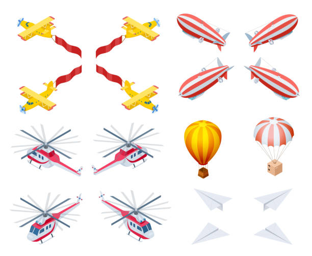 ilustrações de stock, clip art, desenhos animados e ícones de modern and retro aircraft isometric vector icons - aerial container ship