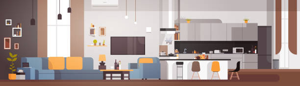 nowoczesne wnętrze apartamentu z salonem i kuchnią poziomym banerem - living room stock illustrations