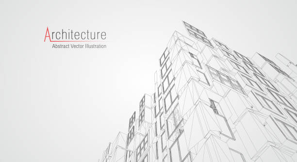 illustrazioni stock, clip art, cartoni animati e icone di tendenza di wireframe di architettura moderna. concetto di wireframe urbano. illustrazione della costruzione wireframe del disegno cad dell'architettura. - building