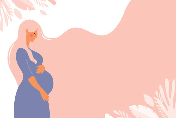 Modern banner about pregnancy and motherhood. Poster with a cute pregnant woman with long hair and place for text. Minimalistic design, flat cartoon vector illustration. Modern banner about pregnancy and motherhood. Poster with a cute pregnant woman with long hair and place for text. Minimalistic design, flat cartoon vector illustration pregnant backgrounds stock illustrations