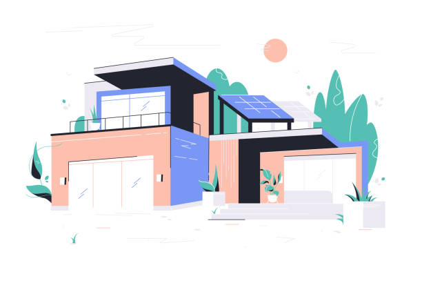 Modern big house with garage, balcony and roof solar panel. Modern big house with garage, balcony and roof solar panel. Concept two-storied building with plants around perimeter and glass doors. Vector illustration. modern building stock illustrations