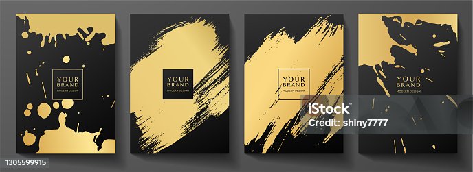 istock Modern black cover design set. Creative art pattern with gold brush stroke, paint drop (spot) on black background 1305599915
