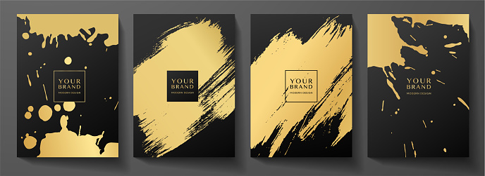Modern black cover design set. Creative art pattern with gold brush stroke, paint drop (spot) on black background