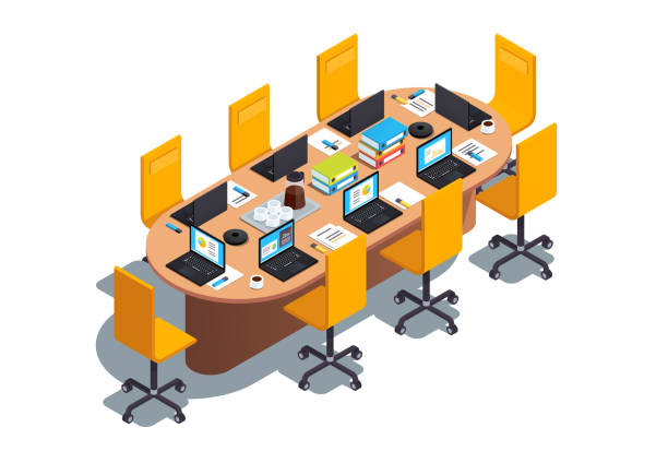 Modern boardroom interior design with big table, chairs and laptop computer. Conference hall or meeting room decoration & furniture. Flat isometric pseudo 3d vector illustration Modern boardroom interior design with big table, chairs and laptop computer. Conference hall or meeting room decoration & furniture. Flat isometric pseudo 3d vector illustration isolated on white presentation speech clipart stock illustrations