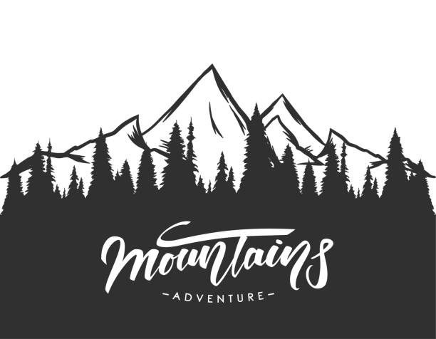 stockillustraties, clipart, cartoons en iconen met moderne borstel belettering van bergen avontuur op de hand getekend pine forest achtergrond - klimbos