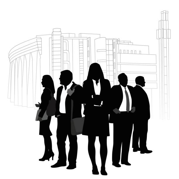 Modern Building Team A vector silhouette illustration of a team of business professionals lead by a stong business woman in the center.  They stand in fronf of an office building outline. board of directors stock illustrations