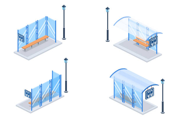 modernes bus stop-konzept der zielseite vektor isometrische 3d-illustration. - bench advertising panel stock-grafiken, -clipart, -cartoons und -symbole