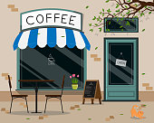 istock Modern café shop exterior, street café outdoor terrace flat design, vector illustration 1150531567