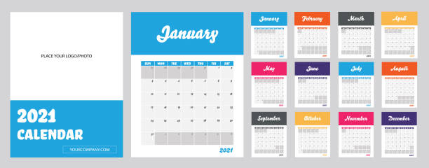 2021 Modern Calendar. Template to Apply Company's Logo & Website. Week Starts on Sunday. Set of 12 Months and Cover Page. Vector Illustration. calendars templates stock illustrations
