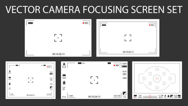Modern camera focusing screen with settings 5 in 1 pack - digital, mirorless, DSLR. White viewfinders camera recording isolated. Vector illustration Modern camera focusing screen with settings 5 in 1 pack - digital, mirorless, DSLR. White viewfinders camera recording isolated. Vector illustration dslr camera stock illustrations