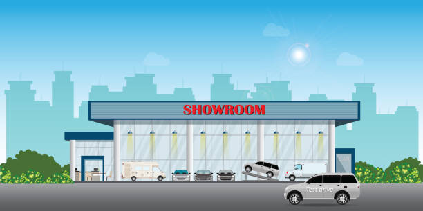 nowoczesny budynek salonu dealerskiego obejmuje samochody na wyświetlaczu i samochód testowy. - car dealership stock illustrations