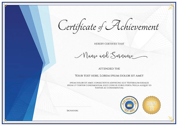 Modern certificate template for achievement in blue theme Modern certificate template for achievement, appreciation, participation or completion award borders stock illustrations