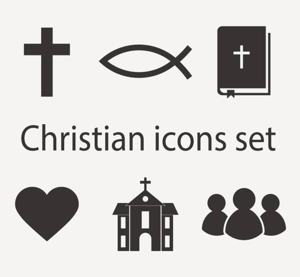 ilustraciones, imágenes clip art, dibujos animados e iconos de stock de conjunto de iconos cristianos modernos. colección cristiana de signo y símbolo. - church