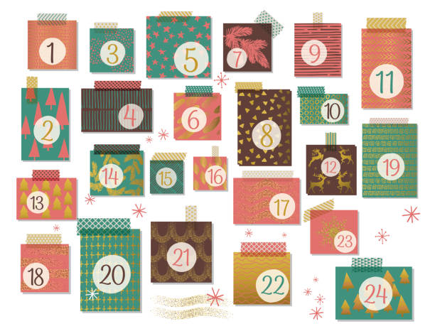 Modern style Advent Calendar With Gold textures and Highlights. Each piece has its own holiday doodled pattern and has a piece of washi tape on top of it. File was created in CMYK.