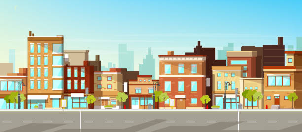 Modern city buildings flat vector background Modern city, town street flat vector with low-rise houses, commercial, public buildings in various architecture styles, sidewalk with city lights and road illustration. Metropolis outskirt background street stock illustrations