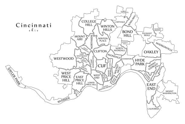 Modern City Map - Cincinnati Ohio city of the USA with neighborhoods and titles outline map  cincinnati stock illustrations