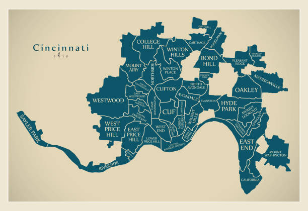 Modern City Map - Cincinnati Ohio city of the USA with neighborhoods and titles  cincinnati stock illustrations