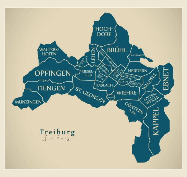 современная карта города - фрайбург город германии с районами и названиями de - freiburg stock illustrations