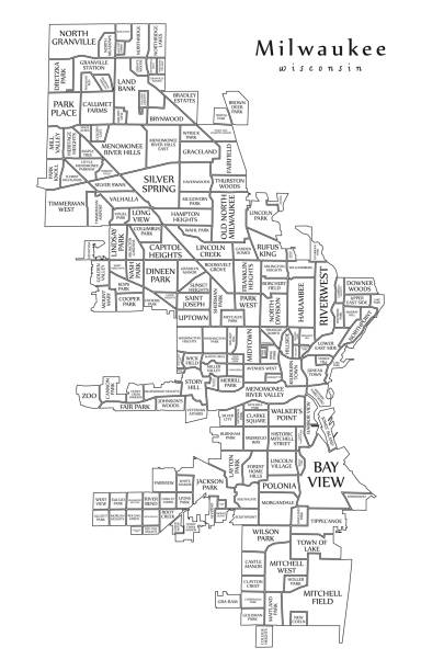 現代城市地圖-美國密爾沃基威斯康辛城市與鄰里和標題概要圖 - milwaukee 幅插畫檔、美工圖案、卡通及圖標