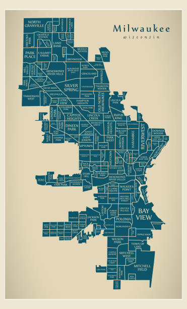 現代城市地圖-美國密爾沃基威斯康辛城市與鄰里和標題 - milwaukee 幅插畫檔、美工圖案、卡通及圖標