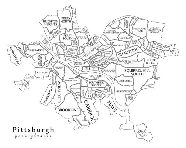 modern şehir haritası - pittsburgh pennsylvania şehir mahalleleri ve başlıklar anahat harita ile abd - pittsburgh stock illustrations