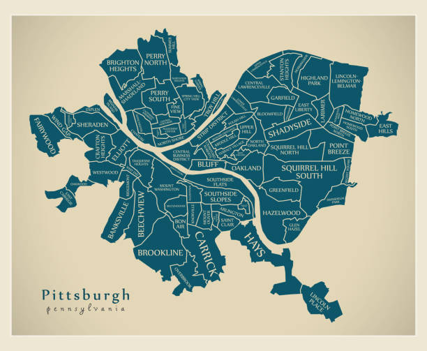 современная карта города - питтсбург пенсильвания город сша с районами и названиями - pittsburgh stock illustrations
