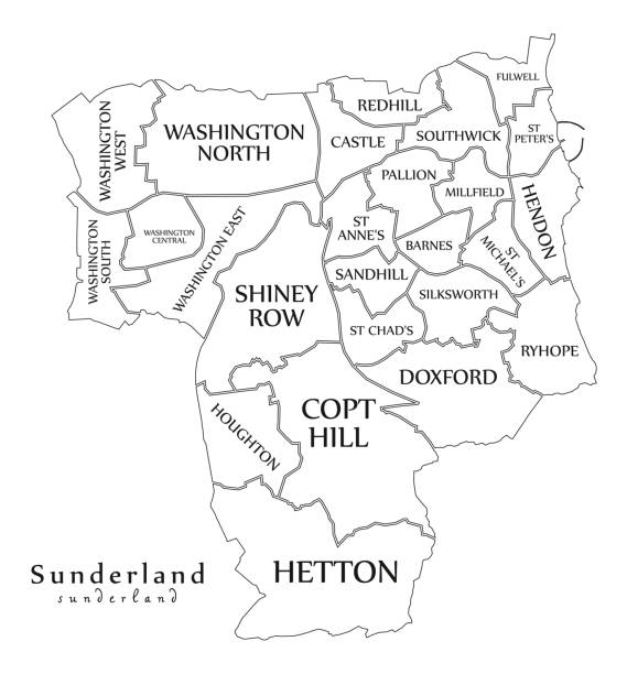 современная карта города - сандерленд город англии с палатами и названиями великобритании наброски карты - sunderland stock illustrations