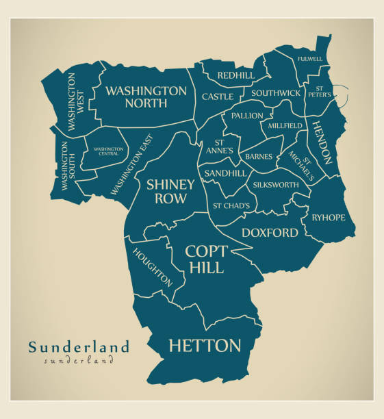 современная карта города - сандерленд город англии с палатами и названиями великобритании - sunderland stock illustrations
