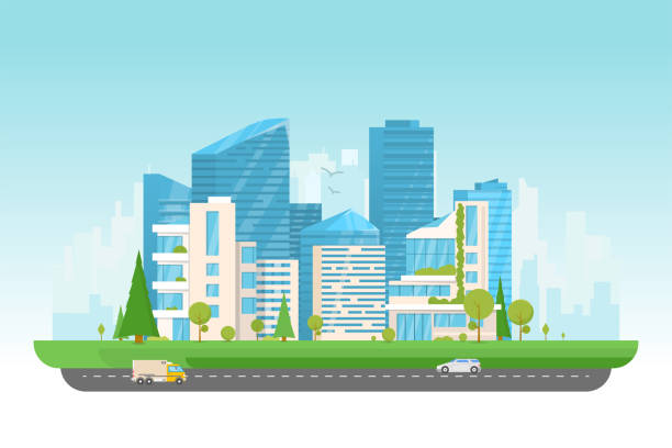 Modern city with cars City vector illustration. Small building, big skyscrapers and large smart city tall skyscrapers on background. Urban street with park and trees near cityscape. Metropolis background. Road with cars. modern building stock illustrations