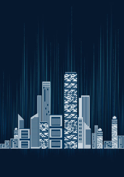stockillustraties, clipart, cartoons en iconen met moderne stad met wolkenkrabbers op digitale verlichte blauwe achtergrond - europe city map