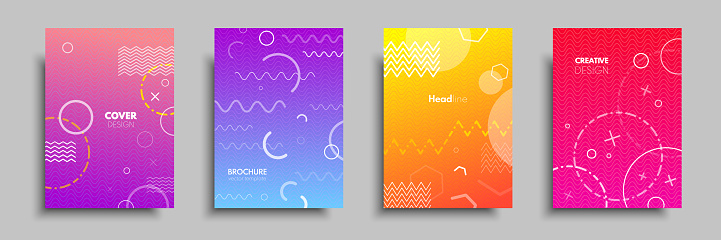 Modern colorful covers with multi-colored geometric shapes and objects. Abstract design template for brochures, flyers, banners, headers, book covers, notebooks