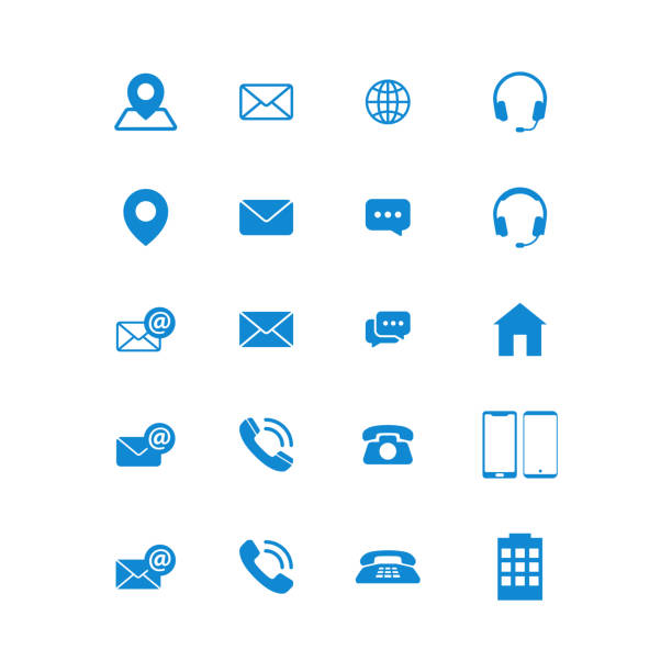 Modern communication contact us set icons Modern communication contact us set icons design symbols for technology business all company with high end look on blue color vector illustration isolated on white background contact us stock illustrations