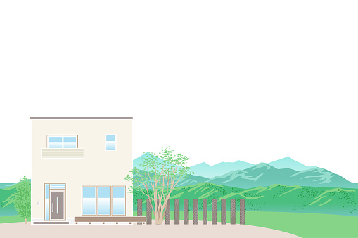 Modern country house in Japan, mountain view background vector illustration