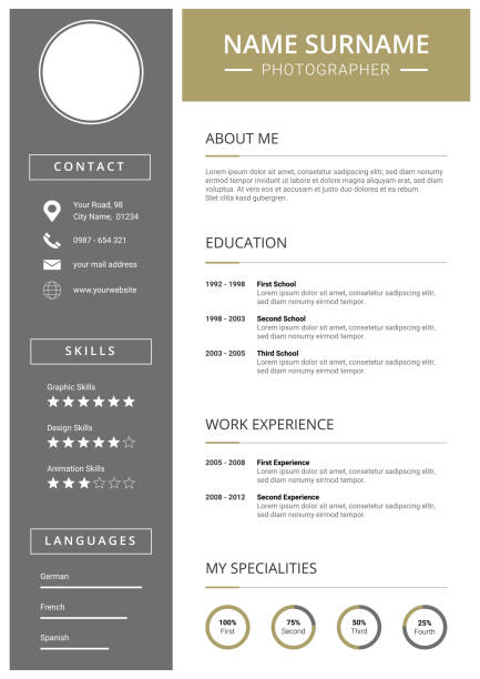 Modern Curriculum Vitae template with icons Curriculum Vitae, modern and clean Design CV Template, gold and silver elements, icons included resume templates stock illustrations