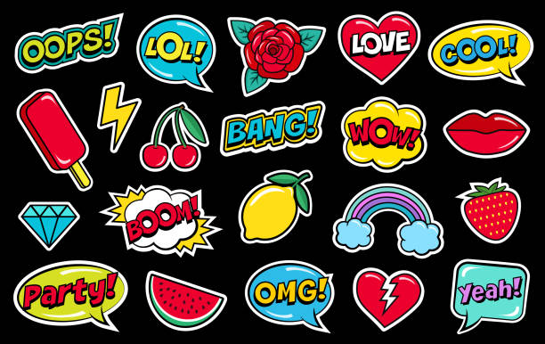 Modern cute colorful patch set on black background. Fashion patches of cherry, strawberry, watermelon, lips, rose flower, rainbow, hearts, comic bubbles etc. Cartoon 80s-90s style. Vector illustration strawberry cartoon stock illustrations