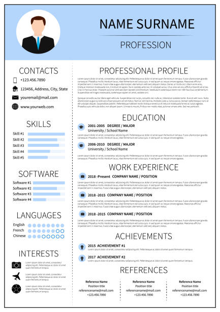 Modern CV layout with infographic. Resume template for man. Minimalistic  curriculum vitae design. Employment vector illustration. Modern CV layout with infographic. Resume template for man. Minimalistic  curriculum vitae design. Employment vector illustration. resume templates stock illustrations