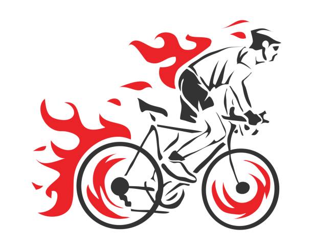 Modern Cycling Athlete In Action Silhouette Passionate On Fire Cyclist In Action cycling clipart stock illustrations