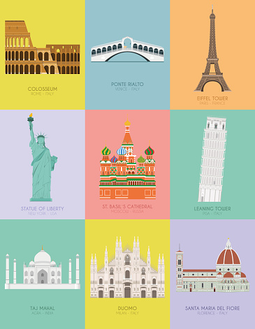 Modern design poster with colorful background of nine important monuments of the world Vector illustration