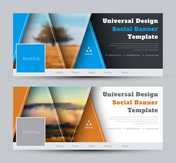 Modern Design vector black and white banners for social networks with triangles and a place for photo and text. Modern Design vector black and white banners for social networks with triangles and a place for photo and text. Universal Cover template with Orange and Blue Elements covering photos stock illustrations