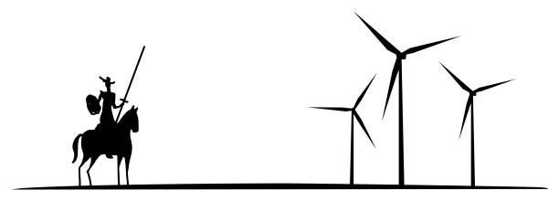 Modern Don Quixote Fight chasing imaginary evils windmills Wind turbine silhouette t-shirt print vector art illustration