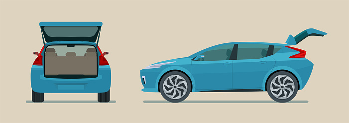 Modern electric CUV car with open trunk isolated, side and back view. Vector flat style illustration.