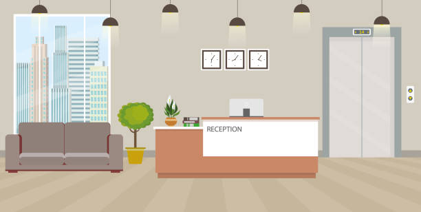 illustrazioni stock, clip art, cartoni animati e icone di tendenza di moderni interni della reception vuoti con mobili - corridoio ufficio
