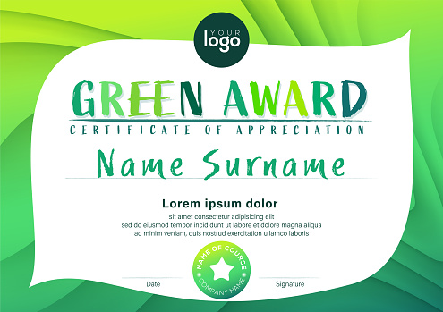 Modern environmental concept certificate of appreciation template. Green award diploma with abstract leaf background