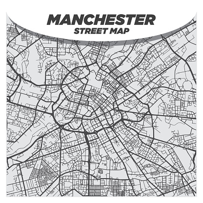 Modern Flat Black and White City Street Map of Downtown Manchester UK