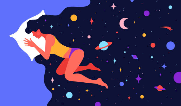 ilustraciones, imágenes clip art, dibujos animados e iconos de stock de carácter plano moderno. mujer durmiendo en la cama con el universo - sleeping