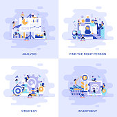 Modern flat concept web banner of Investment, Strategy, Analysis and Find the Right Person with decorated small people character. Conceptual vector illustration for web and graphic design, marketing.